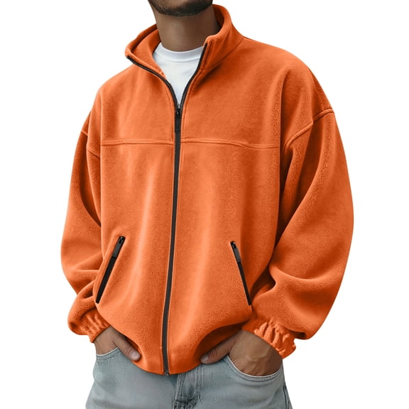 Men's Solid Color Outdoor Jacket - Zipper Stand-Up Collar, Casual Sports Fleece Style, Orange-Yellow, L