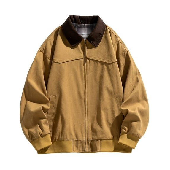 Men's Solid Color Outdoor Sports Casual Jacket with Pocket & Zipper, Khaki, Size XXXL