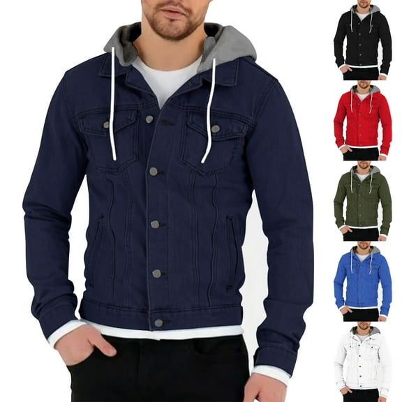 Men's Solid Color Outdoor Workwear Casual Loose Long-Sleeved Hooded Denim Jacket - Durable Cotton Fabric for Autumn Winter Daily Use, Hiking, and Christmas Gatherings,White,XL