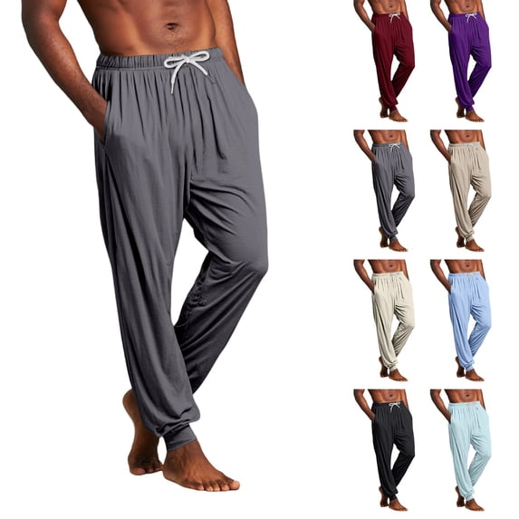 Men's Solid Color Pajama Pants with Pockets & Drawstring - Cuffed Jogger Sleep Bottoms for Men, Elastic Waist Soft Lightweight Lounge Homewear Dark Gray M