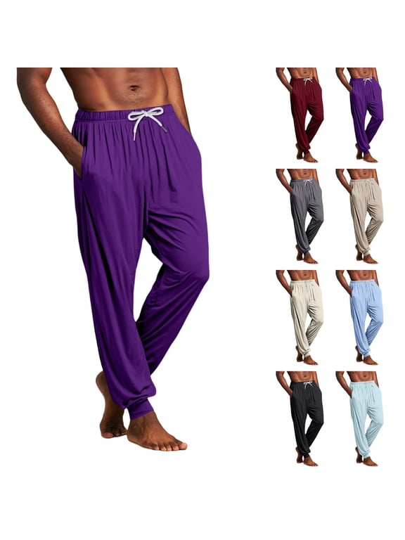 Men's Solid Color Pajama Pants with Pockets & Drawstring - Cuffed Jogger Sleep Bottoms for Men, Elastic Waist Soft Lightweight Lounge Homewear Purple 2XL