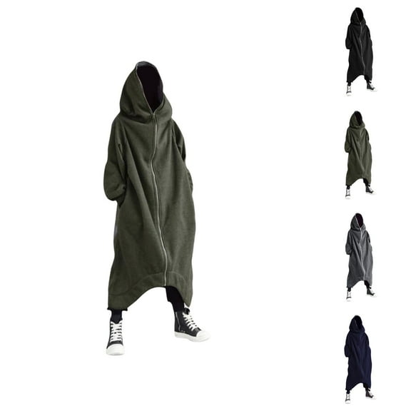 Men's Solid Color Personality Dark Style Full Body Zipper Long Hooded Sweater Jacket Men Cotton Hooded Sweatshirt