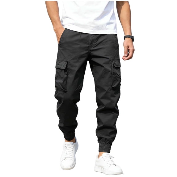 Men's Solid Color Pocket Drawstring Elastic Waist Casual Fashion Cargo Pants