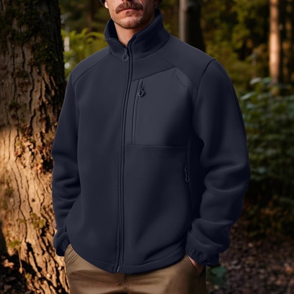 Men's Solid Color Pocket Zipper Cardigan Long Sleeved Stand Up Collar Wool Jacket Men's Jacket Waterproof Coat Hooded Raincoat
