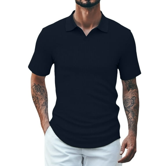 Men's Solid Color Polyester Short Sleeve V Neck & Collared, Available in Green and Navy Blue | Sizes S XXXL