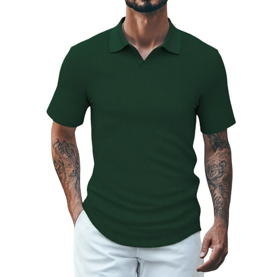 Men's Solid Color Polyester Short Sleeve V Neck & Collared, Available in Green and Navy Blue | Sizes S XXXL