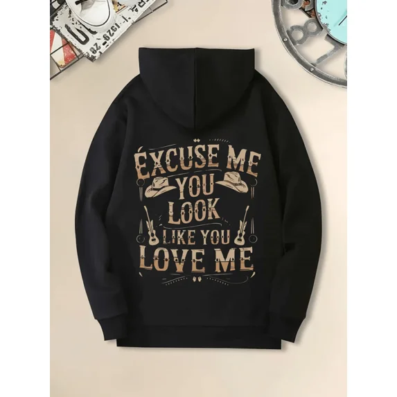 Men's Solid Color Printed Hooded Sweatshirt With Western Style "Excuse Me You Look Like You Love Me" Graphic Comfortable Soft Long Sleeve Tops Unisex Casual Hoodie