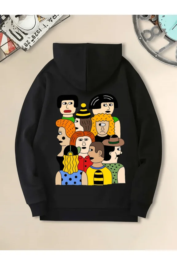 Men's Solid Color Printed Hooded Sweatshirt With Back Print Of Cartoon Crowd Graphic Comfortable Soft Long Sleeve Tops Unisex Casual Hoodie