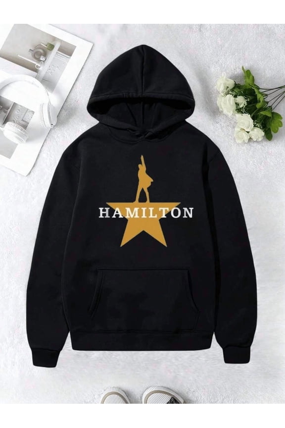 Men's Solid Color Printed Hooded Sweatshirt With "HAMILTON" Star & Silhouette Graphic Comfortable Soft Long Sleeve Tops Unisex Casual Hoodie