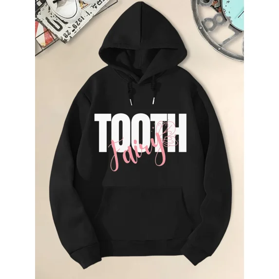 Men's Solid Color Printed Hooded Sweatshirt With Tooth Fairy Cute Text Graphic Comfortable Soft Long Sleeve Tops Unisex Casual Hoodie