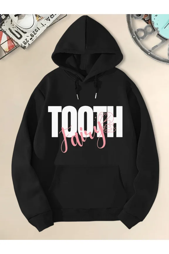 Men's Solid Color Printed Hooded Sweatshirt With Tooth Fairy Cute Text Graphic Comfortable Soft Long Sleeve Tops Unisex Casual Hoodie