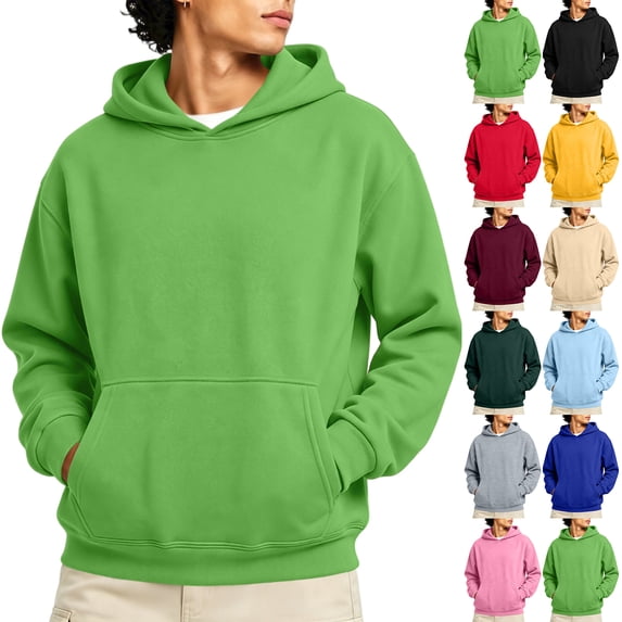 Men's Solid Color Pullover Hoodie, Long Sleeve Loose Fit Fall Casual Streetwear Sweatshirt with Front Pocket Green S