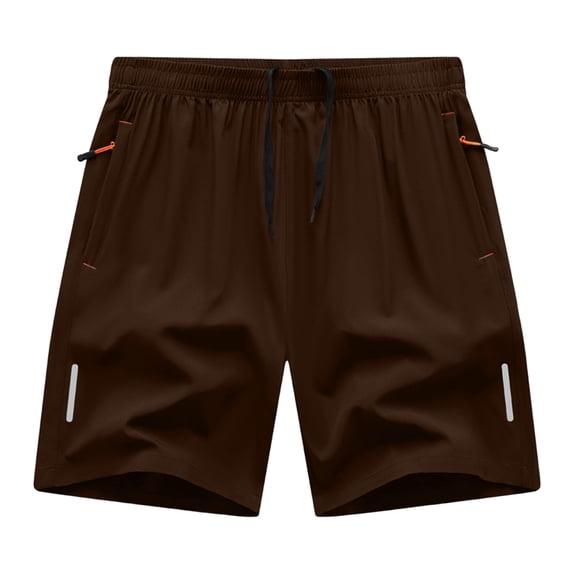 Men's Solid Color Quick-Dry Athletic Shorts, 5-Inch Gym Training Shorts with Elastic Drawstring Waist, Zipper Pockets and Reflective Strips Brown M