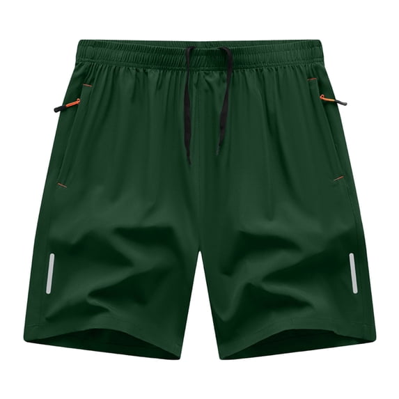 Men's Solid Color Quick-Dry Athletic Shorts, 5-Inch Gym Training Shorts with Elastic Drawstring Waist, Zipper Pockets and Reflective Strips Green S