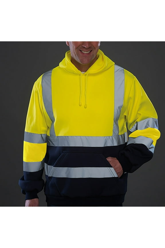 Men's Solid Color Reflective Hooded Sweatshirt Long Sleeve Sweater Top Loose Road Work High Visibility Pullover Hoodies