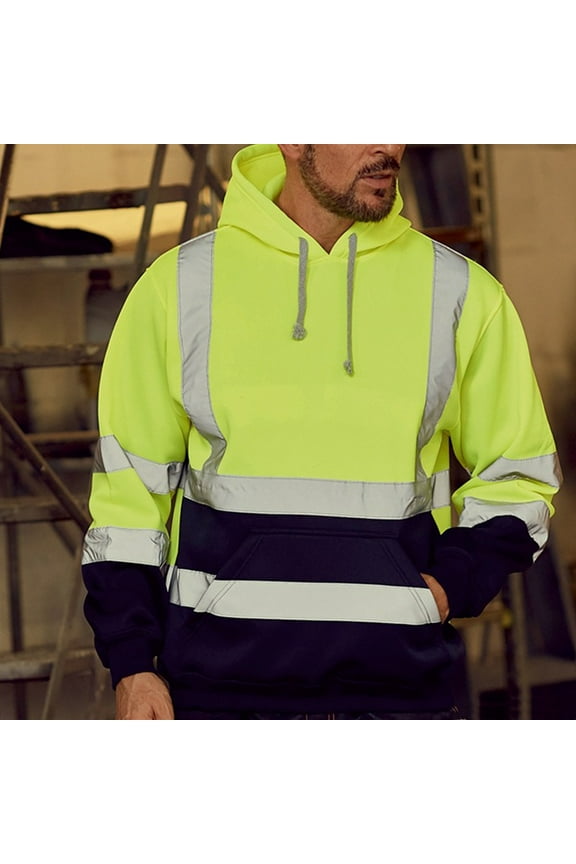 Men's Solid Color Reflective Hooded Sweatshirt Long Sleeve Sweater Top Loose Road Work High Visibility Pullover Hoodies