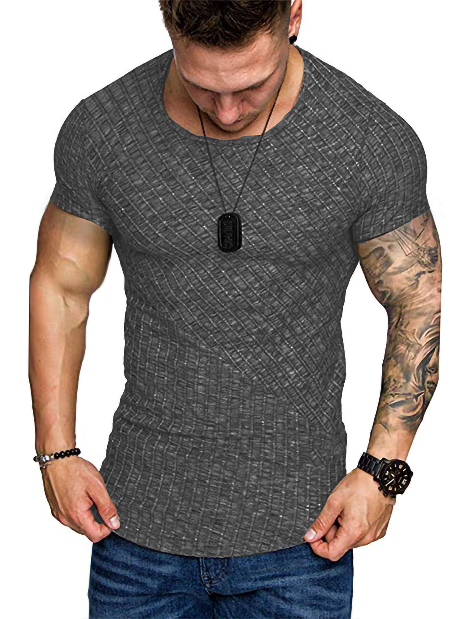 Men's Solid Color Ribbed Crew Neck Muscle Tees Perfect for Workouts Gym ...