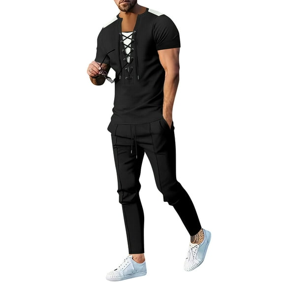 Men's Solid Color Round Neck Drawstring Casual Sports Short Sleeved Trousers Two Piece Suit