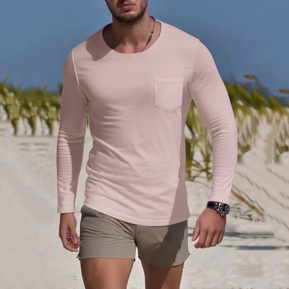Men's Solid Color Round Neck Long Sleeve Pocket T-Shirt, 100% Cotton Fabric for Soft Comfort, Casual Base Layer Top for Exercise and Daily Wear