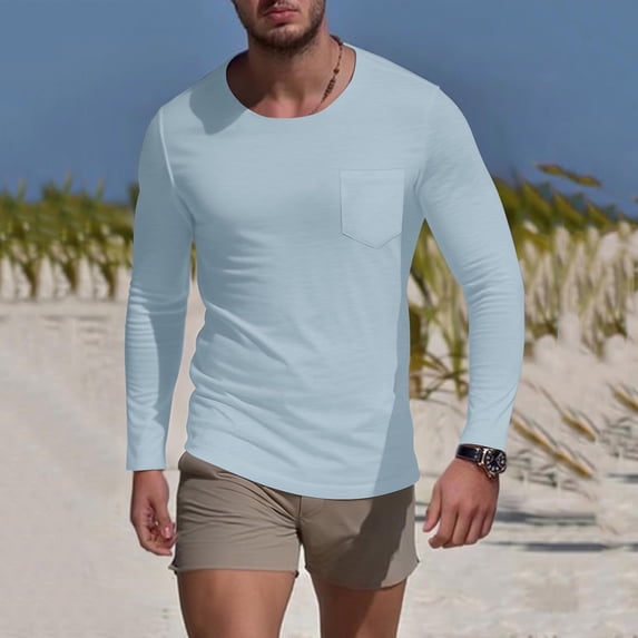 Men's Solid Color Round Neck Long Sleeve Pocket T-Shirt, 100% Cotton Fabric for Soft Comfort, Casual Base Layer Top for Exercise and Daily Wear