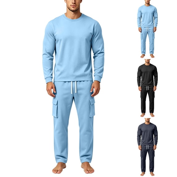 Men's Solid-Color Round-Neck Loose-Fitting Long-Sleeved Top With Drawstring Elastic Waistband And Pocket Pants Set Black Xxxl