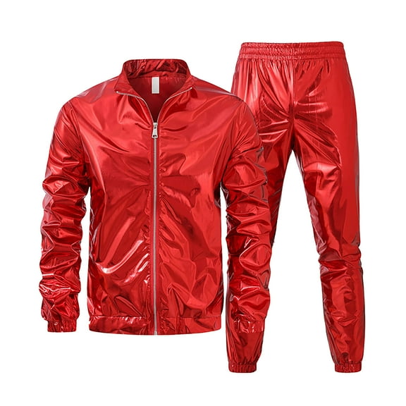 Men's Solid Color Shiny Metallic Jacket and Pants Set Jazz Hip Hop Dance Cosplay Party Costumes
