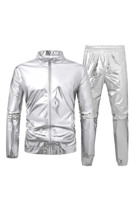 Men's Solid Color Shiny Metallic Jacket and Pants Set Jazz Hip Hop Dance Cosplay Party Costumes