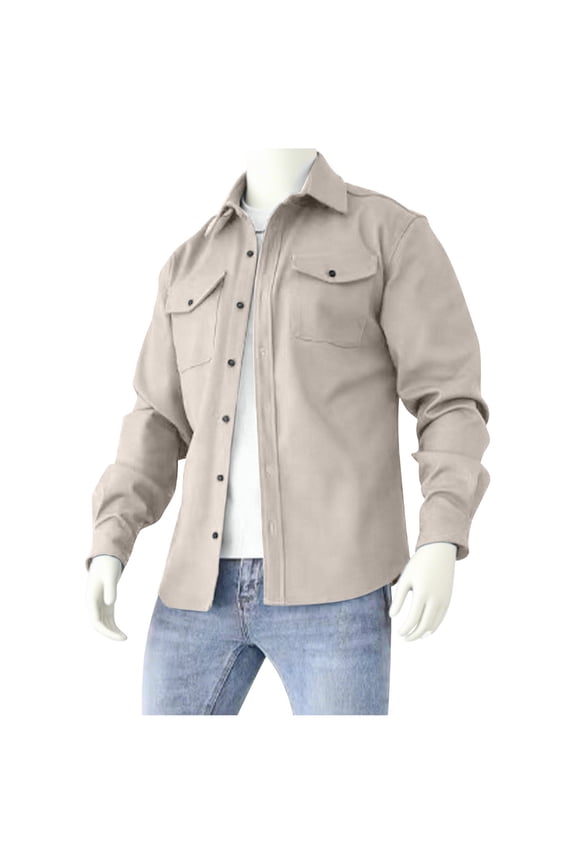 Men's Solid Color Shirt Casual Shacket Long Sleeve Button Down Western Lightweight Jacket with Flap Pockets Beige M