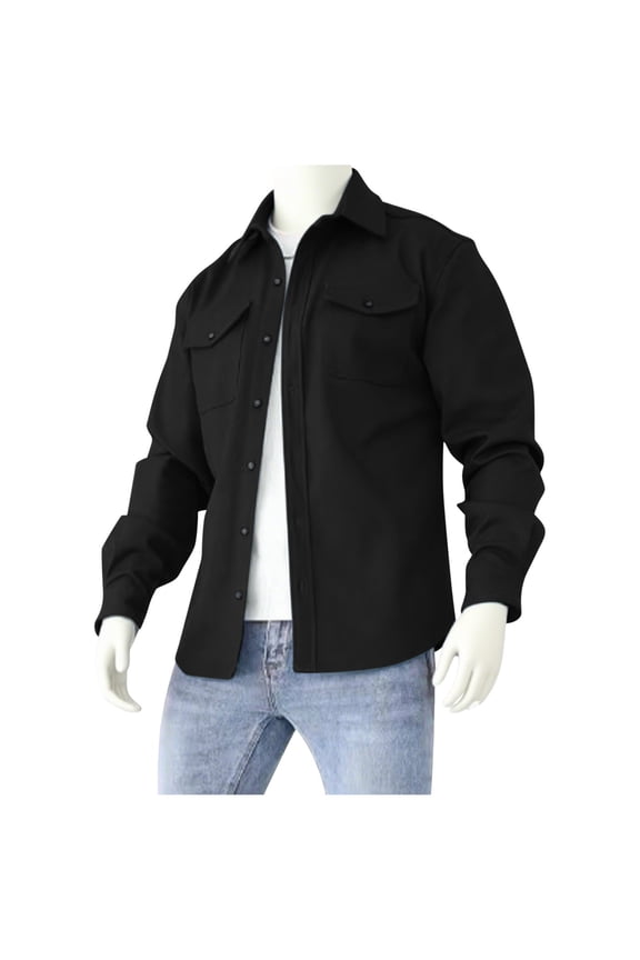 Men's Solid Color Shirt Casual Shacket Long Sleeve Button Down Western Lightweight Jacket with Flap Pockets Black S