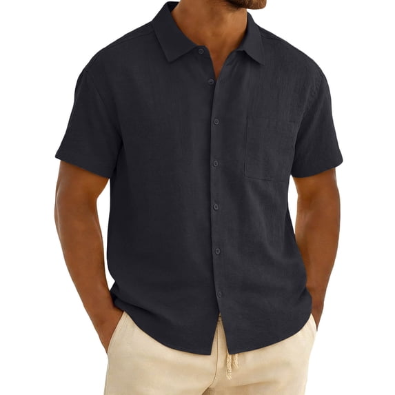 Men's Solid Color Short Sleeve Button Down Shirt with Pocket and Lapel Collar