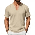 thumbnail image 1 of Men's Solid Color Short Sleeve Deep V-Neck Linen Casual T-Shirt Top, 1 of 8