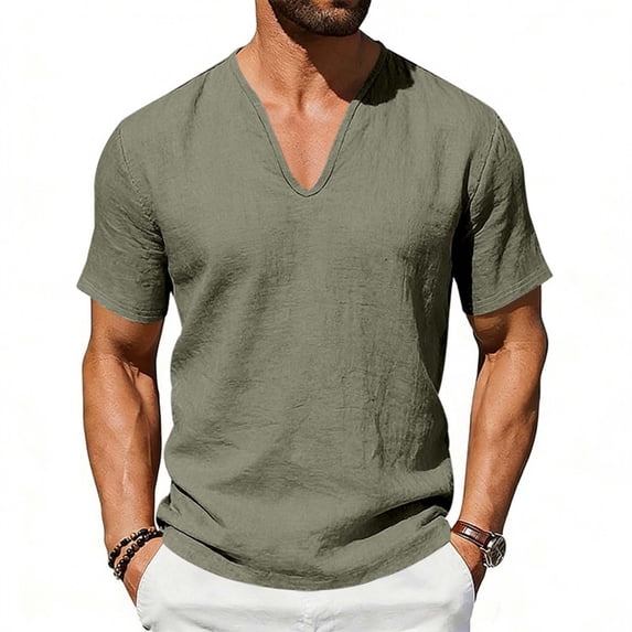 Men's Solid Color Short Sleeve Deep V-Neck Linen Casual T-Shirt Top