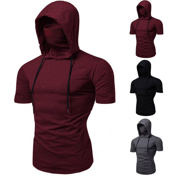 Men's Solid Color Short Sleeve Mask Hoodie, Casual Sports Pullover Top for Summer, Outdoor Activities,Gray,XL