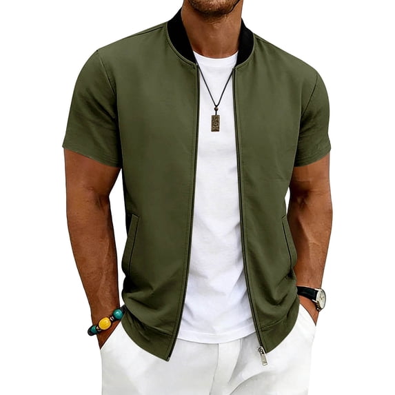 Men's Solid Color Short Sleeve Stand Collar Zip Jacket, Casual Sport Outerwear, Lightweight Breathable Short Sleeve Coat for Light Coverage, Everyday Wear and Casual Activities Army Green XXXL