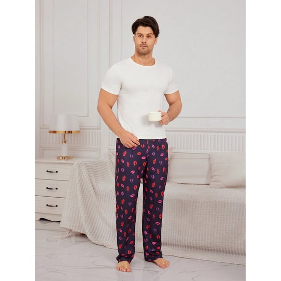 Men's Solid Color Short Sleeve T-Shirt And Lip Print Long Pants Homewear