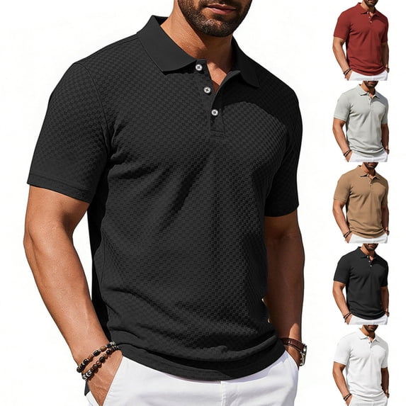 Men's Solid Color Short Sleeve T-Shirt Button Turndown Collar Pullover Casual Fashionable Top | TOPLIU,Gray L