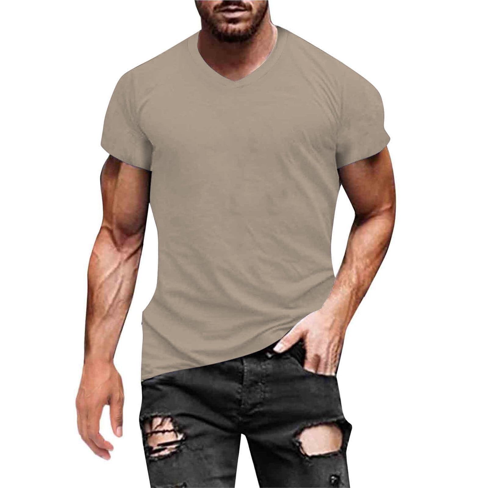 Men's Solid Color Short Sleeve T Shirt Slim Fit Athletic Work Base ...