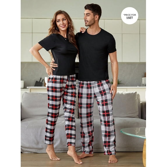 Men's Solid Color Short Sleeve T-shirt And Plaid Long Pants Homewear Set