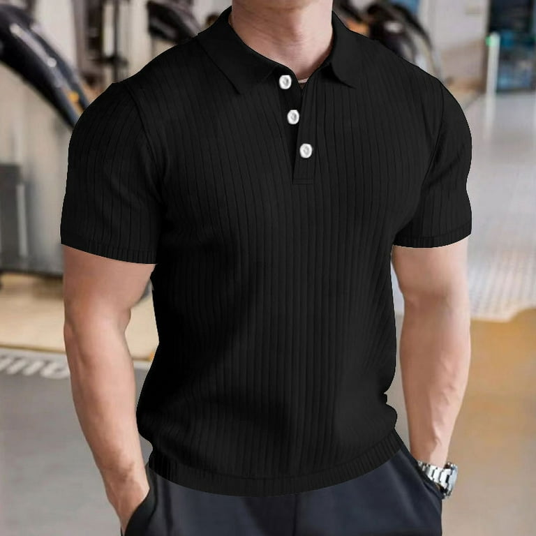 NOBRAND Men s Solid Color Short Sleeved Summer Casual Vertical Striped Lapel Polo Shirt Men Style Buckle T Shirt Size 2XL Black