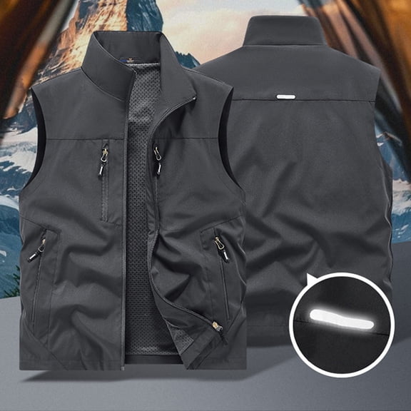 Men's Solid Color Sleeveless Casual Vest with Stand Collar and Multiple Pockets for Outdoor and Daily Wear