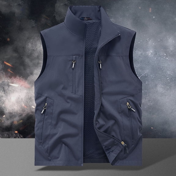 Men's Solid Color Sleeveless Casual Vest with Stand Collar and Multiple Pockets for Outdoor and Daily Wear