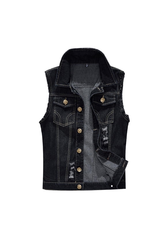 Men's Solid Color Sleeveless Frayed Lapel Denim Jacket Punk Denim Vest Button Down Fashion Jacket With Rivets