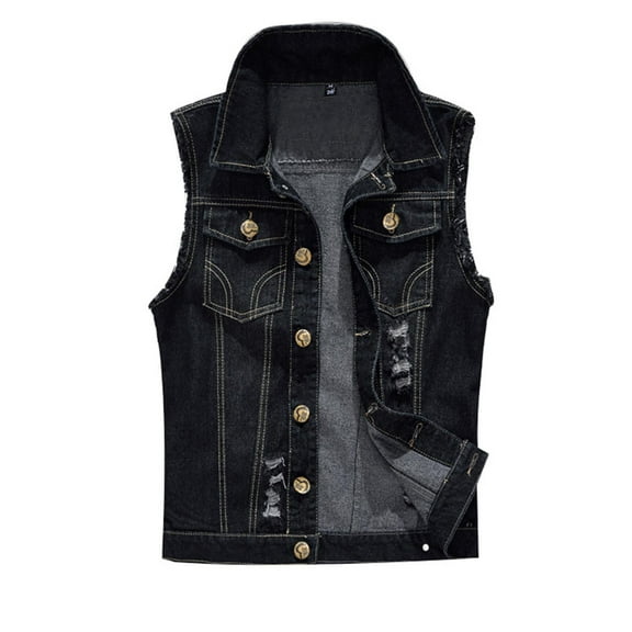Men's Solid Color Sleeveless Frayed Lapel Denim Jacket Punk Denim Vest Button Down Fashion Jacket With Rivets