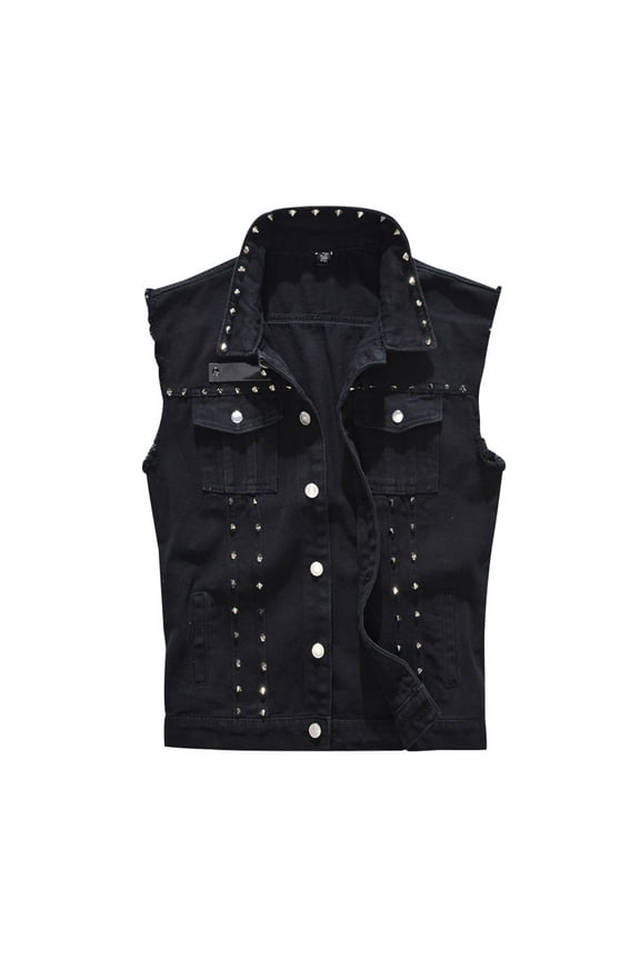 Men's Solid Color Sleeveless Frayed Lapel Denim Jacket Punk Denim Vest Button Down Fashion Jacket With Rivets