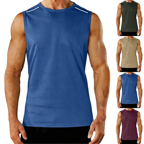 Men's Solid Color Sleeveless Round Neck Casual Sports Top Muscle Tank Tee Elastic Breathable Fitness Workout Gym Training Streetwear | AESTIVO,Blue 2XL