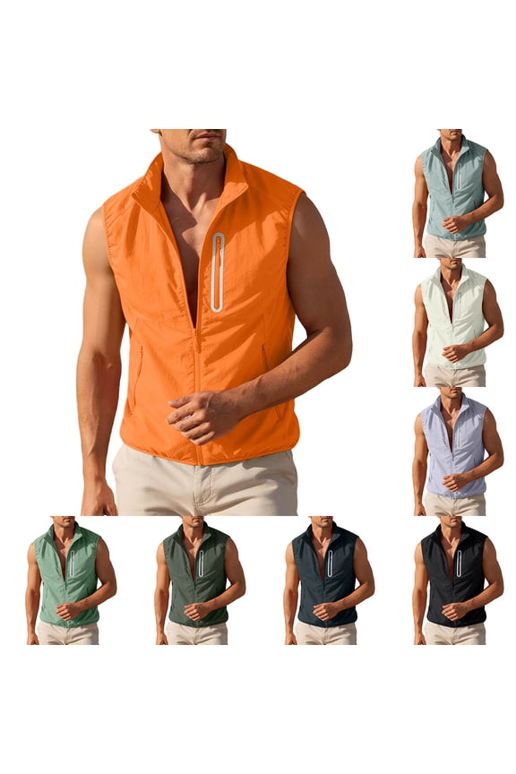 Men's Solid Color Sleeveless Stand Up Collar Zipper Cardigan Jacket | Tech Packable Vest | Stand-Up Collar, Sleeveless, Zip Front, Multiple Pockets, Nylon Spandex | Zenithor,Black M