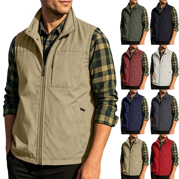 Men's Solid Color Sleeveless Stand Collar Zipper Cardigan Multi-Pocket Jacket Polyester Lightweight Casual Work Fishing Vest | JASKFLY,Gray L