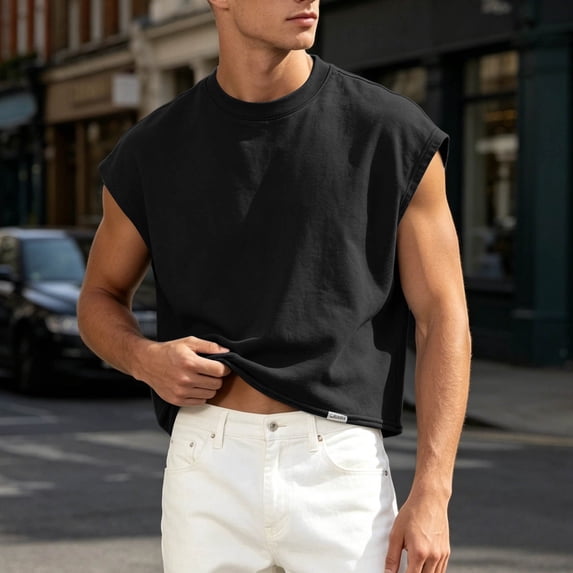 Men's Solid Color Sleeveless Tank Top, Crewneck Loose Fit Undershirt, Breathable Cotton Vest for Casual Summer Wear
