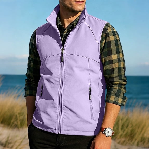 Men's Solid Color Sleeveless Zipper Cardigan Jacket with Stand Collar and Multiple Pockets