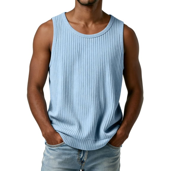 Men's Solid Color Sports Vest Casual Loose Fit Sleeveless Athletic Tank Top Blue Size M